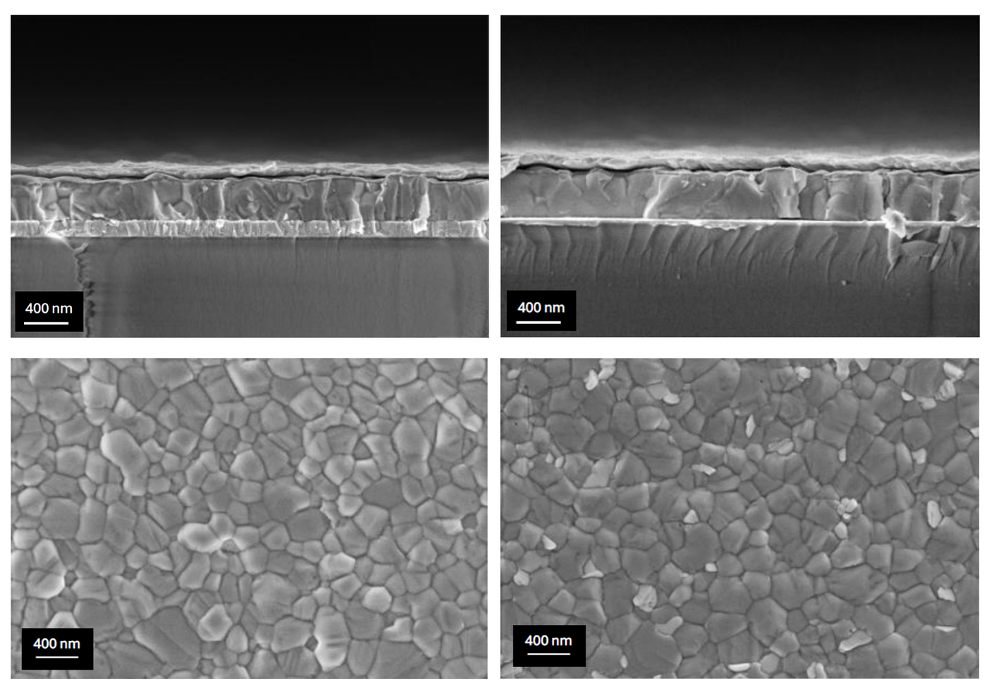 Cross-sectional and surface electron microscopy images of perovskite solar cells, with 400 nm scale bars